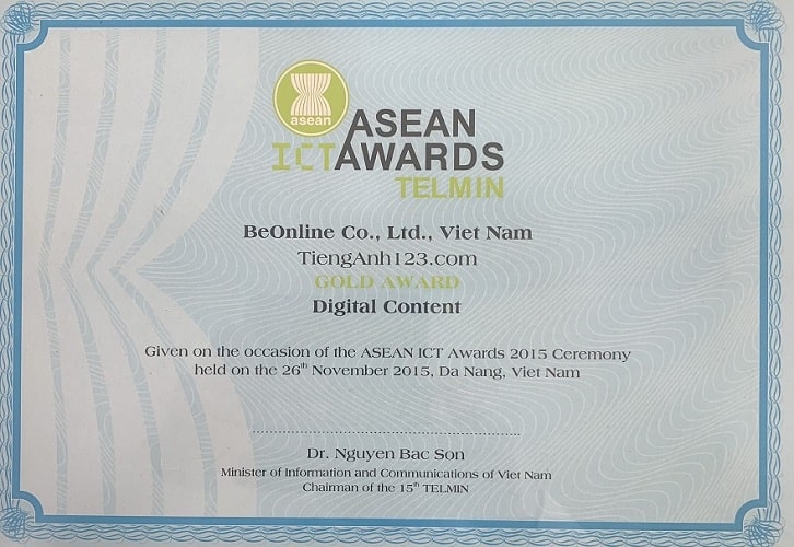 Chứng nhận Giải vàng ASEAN ICT Awards 2015